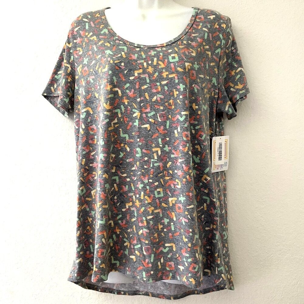 LuLaRoe Classic T Shirt L Large Grey Multicolor Geometric Confetti NWT